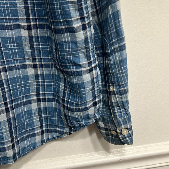 LRL 100% linen women’s Medium blue plaid long sleeve button up shirt, preppy - Picture 8 of 11